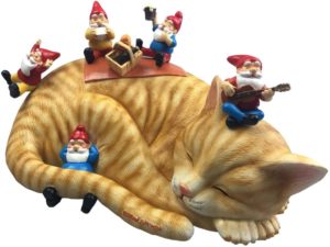 cat with garden gnomes 2
